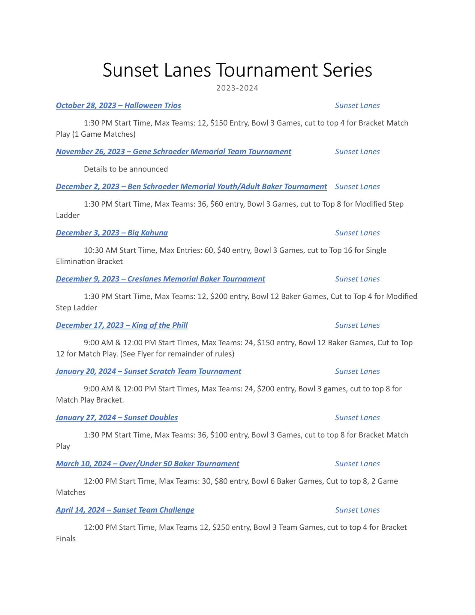 2023-24 Sunset Lanes tournaments