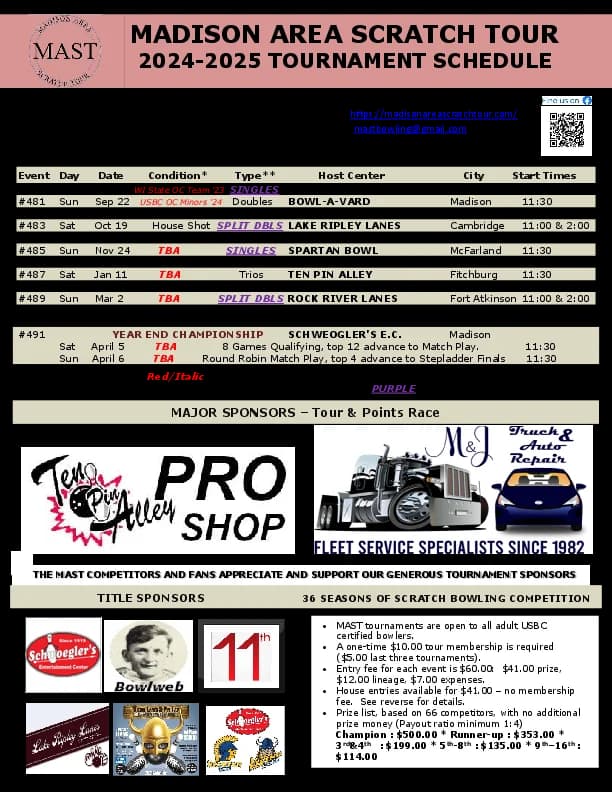 2024-25 Madison Area Scratch Tour schedule