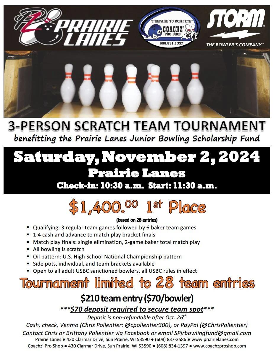 Flyer 2024 3-Person Scratch Tournament Benefitting Prairie Lanes Junior Scholarship Fund