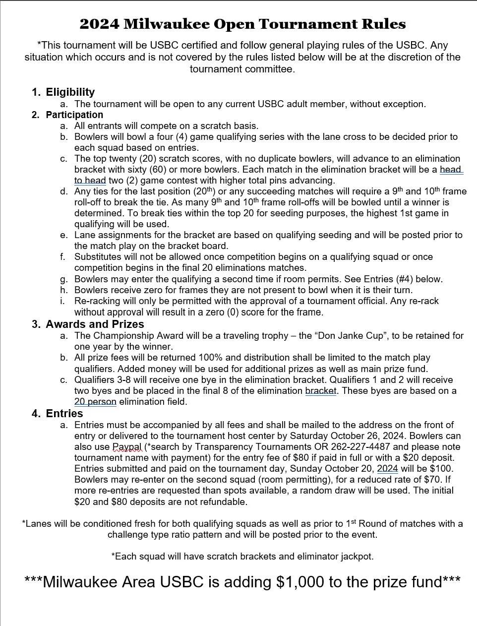 2024 Milwaukee Open Mike Stranney Memorial Match Game Championship rules