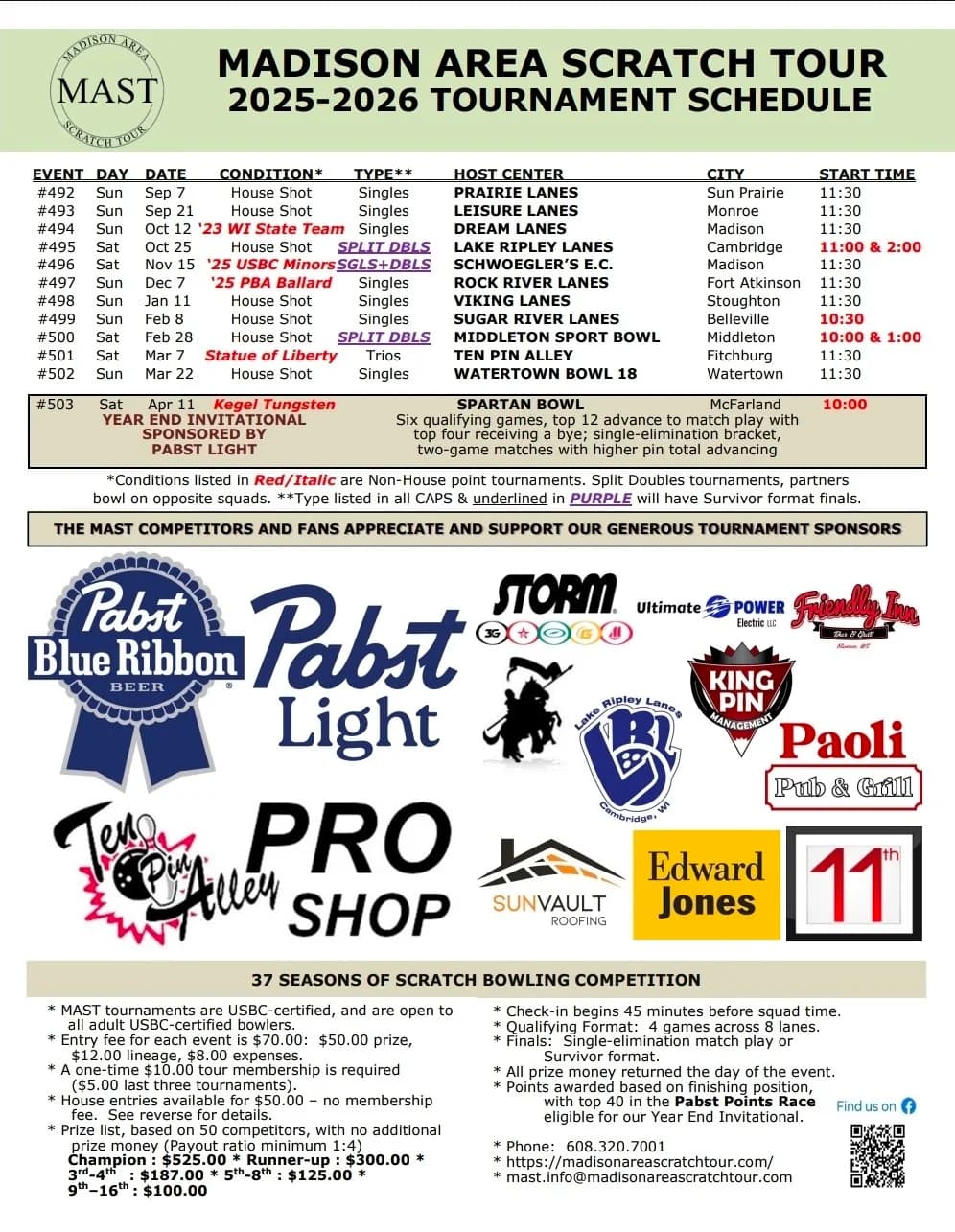 2025-26 Madison Area Scratch Tour schedule