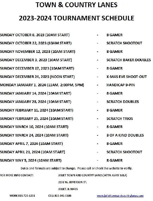 2023-24 Joliet Town & Country Lanes tournament schedule